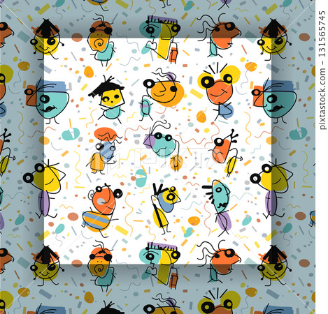 Illustration simple drawing, doodle art kid style. Abstract graphic design, seamless vector pattern with colorful and cute cartoon portrait  131565745