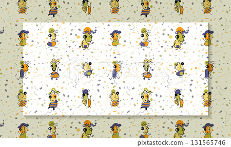 Illustration simple drawing, doodle art kid style. Abstract graphic design, seamless vector pattern with colorful and cute cartoon portrait for print, card, cover, banner, textile, background. 131565746