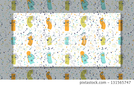 Vector illustration seamless pattern, Hand drawing abstract cute face with colorful color, cartoon kid doodle style. Modern graphic design for wallpaper background 131565747