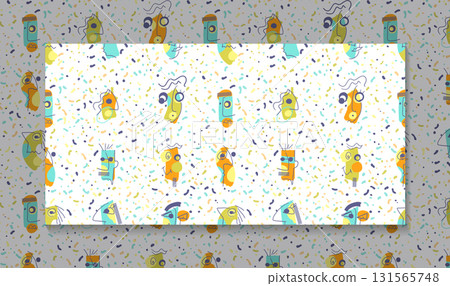 Vector illustration seamless pattern. Hand drawing abstract cartoon cute kid face, portrait and colorful color, child doodle art style. Modern graphic design for textile, fabric, wallpaper background 131565748