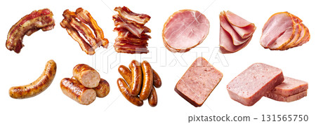 Collection of 4 set processed meat, bacon salt-cured pork, Parma ham Prosciutto, frankfurter wiener bratwurst sausage, Spam luncheon meat, sliced whole pile, transparent cutout PNG. Mockup for design 131565750