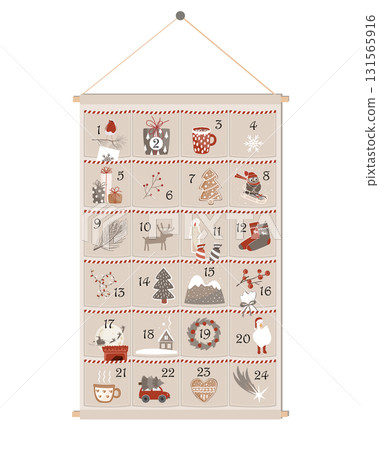 Happy Holidays wall hanging textile pocket advent calendar decorated with different Christmas symbols. Scandinavian style. Vector illustration 131565916