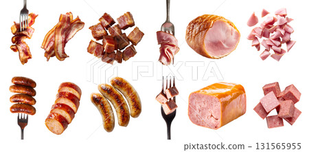 Collection of 4 set processed meat, frankfurter wiener bratwurst sausage, bacon salt-cured pork, Parma ham Prosciutto, Spam luncheon meat, fork diced cube slice whole, transparent cutout PNG. Mockup Collection of 4 set processed meat, frankfurter wiener bratwurst sausage, bacon salt-cured pork, Parma ham Prosciutto, Spam luncheon meat, fork diced cube slice whole, transparent cutout PNG. Mockup 131565955