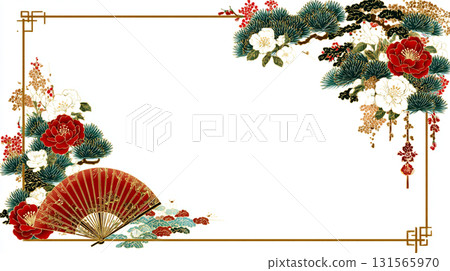Red Japanese umbrella and gorgeous New Year's frame, 131565970