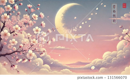 夢幻優雅的日式藝術插畫風景，一彎新月漂浮在柔和的夜空中，櫻花花瓣翩翩起舞 131566070