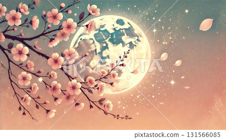 夢幻浪漫的春夜風景插畫，一輪圓月在淡淡的夜空中閃耀，櫻花花瓣在風中飛舞 131566085