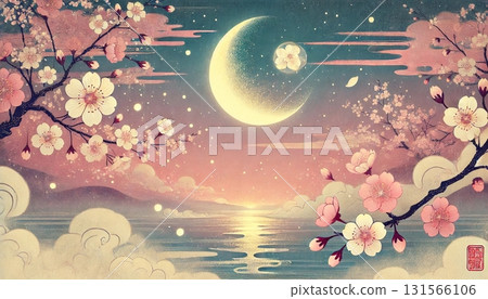 Beautiful Japanese ukiyo-e style art depicting a lakeside scene with cherry blossoms and a fantastically shining crescent moon on a calm spring night 131566106