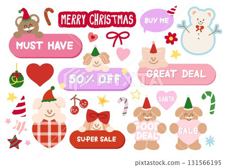 Cute Christmas sale icons such as must have, great deal, 50% off, super sale with teddy bear, puppy, cat for online shopping, promotion, sticker, banner, special price, discount, button, campaign, ads 131566195