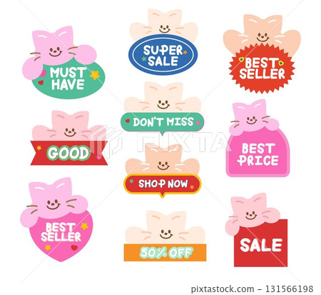Cute cat sale icons such as super sale, best seller, shop now, best price for online shopping, promotion, sticker, banner, discount, web button, campaign badge, brochure, price tag, animal, pet shop 131566198