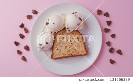Loaf bread with ice cream scoop topping fresh dessert on white plate 131566229