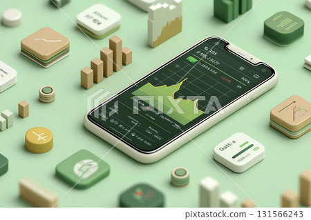 智慧型手機上顯示的上漲股價圖，帶有 3D 圖示背景 131566243