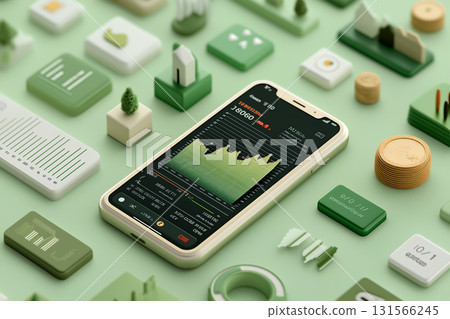 智慧型手機上顯示的上漲股價圖，帶有 3D 圖示背景 131566245