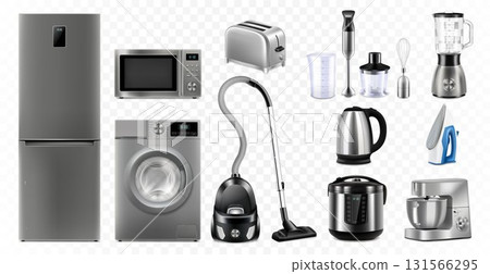 A set of household appliances: microwave oven, washing machine, refrigerator, vacuum cleaner, multicooker, food processor, blender, iron, toaster. Realistic 3D vector, isolated illustration 131566295