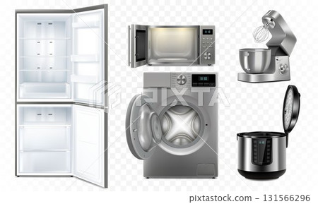 A set of household appliances: microwave oven, washing machine, refrigerator, multi cooker, food processor, blender. Realistic 3D vector, isolated illustration A set of household appliances: microwave oven, washing machine, refrigerator, multi cooker, food processor, blender. Realistic 3D vector, isolated illustration 131566296