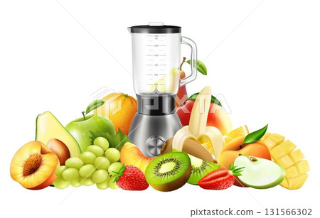 Realistic Juicer blender. Kitchen blender with set of fruits, bananas, oranges, kiwi, peach, grapes, strawberry, apple, mango, pear, avocado, isolated vector illustration Realistic Juicer blender. Kitchen blender with set of fruits, bananas, oranges, kiwi, peach, grapes, strawberry, apple, mango, pear, avocado, isolated vector illustration 131566302