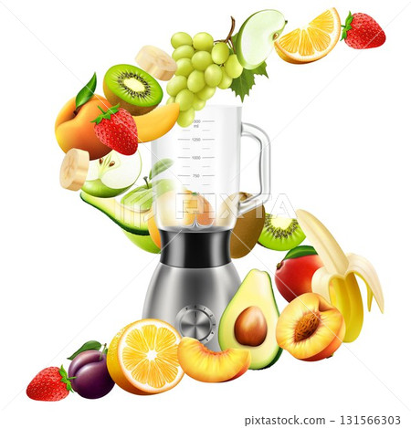 Realistic Juicer blender. Kitchen blender with set of fruits, bananas, oranges, kiwi, plum, peach, grapes, strawberry, apple, mango, pear, avocado, isolated vector illustration 131566303