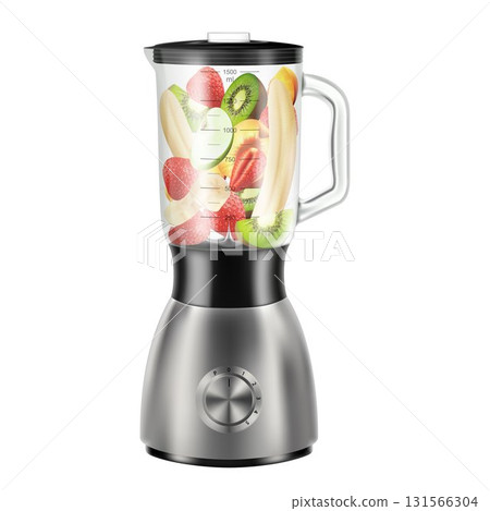 Realistic Juicer blender filled with slices of apples, banana, peach, kiwi, strawberry for making smoothie. 3D vector illustration, isolated on white background 131566304