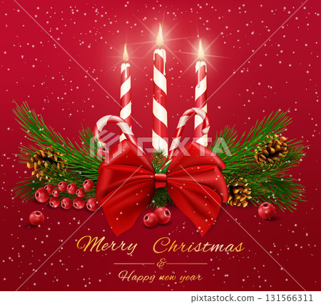 Christmas holiday gifts with gold, red, silver bows, fir branches, pine cones and snow on a red background. The illustration can be used for Christmas designs, posters, cards, websites and banners Christmas holiday gifts with gold, red, silver bows, fir branches, pine cones and snow on a red background. The illustration can be used for Christmas designs, posters, cards, websites and banners 131566311