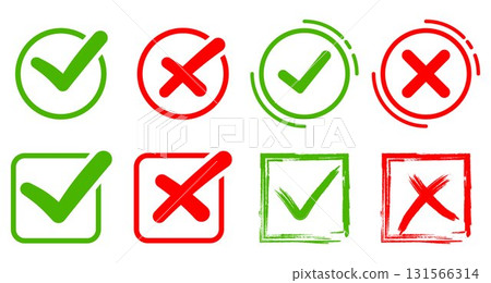 Checkmark icons set. A collection of web button variants, green checkmark and red cross. approved and rejected stamp. Many options, Vector validation icons set 131566314