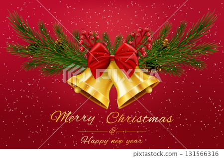 Christmas bells with red ribbon and fir branches 131566316