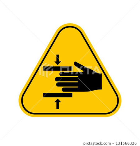Crushing hazard symbol. Hand Crush Force From Above Symbol Sign , Yellow Triangle Caution Symbol, isolated on white background, vector icon 131566326