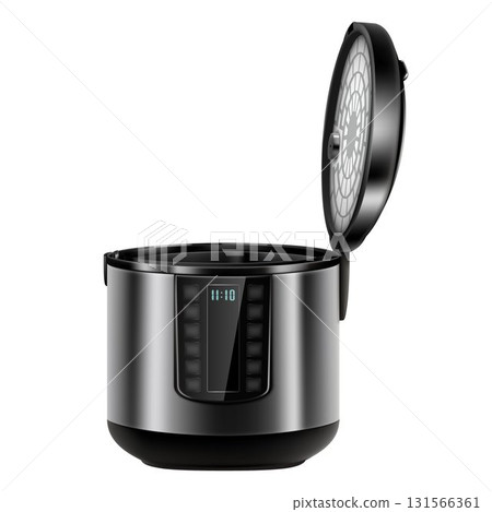 Automatic multicooker and pressure cooker with open and closed lid, isolated on white. Contemporary stainless steel. Saute and double boiler. Electrical appliances kitchen. Realistic 3d vector 131566361