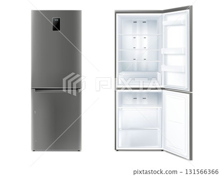 Set of realistic refrigerator with open and closed door vector illustration. Electronic fridge with cooling temperature display and shelves for products storage isolated. Home freezer for household 131566366