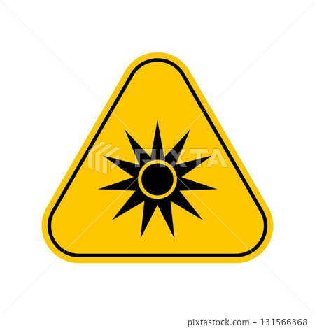 Optical radiation hazard symbol , warning sign, caution sticker, label, artificial light beam icon symbol , Yellow Triangle Caution Symbol, isolated on white background, vector icon 131566368