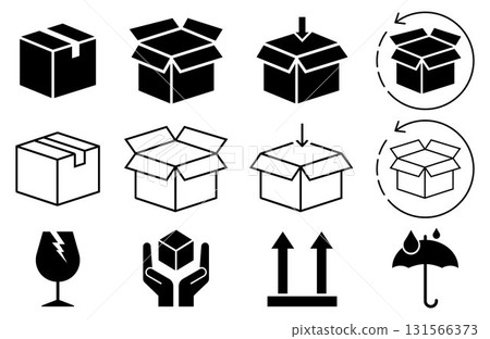 Box icon set in line style, delivery box, Package, export boxes, cargo box, return parcel, open package, with black fragile symbol, vector illustration Box icon set in line style, delivery box, Package, export boxes, cargo box, return parcel, open package, with black fragile symbol, vector illustration 131566373