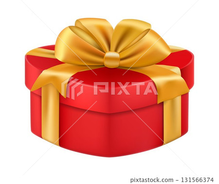 Heart shaped gift box with ribbon, present , Isolated on White Background. Realistic 3d vector gift box with gold bow 131566374