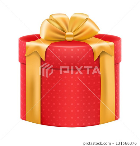 Red gift box with gold ribbon and bow, present isolated on White Background. Realistic 3d vector illustration 131566376
