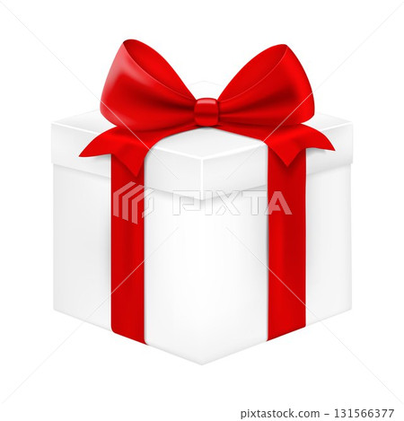 White gift box with red ribbon and bow, present isolated on White Background. Realistic 3d vector illustration 131566377