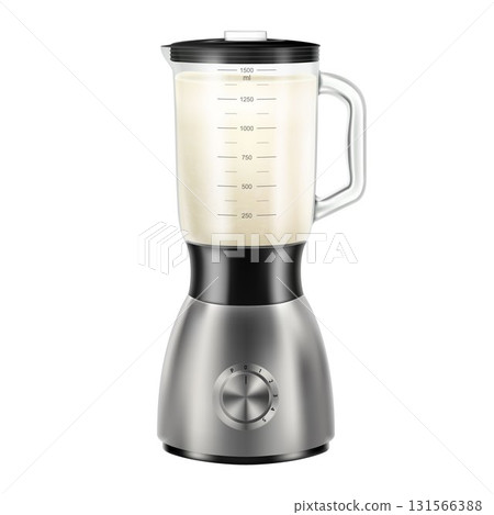Realistic Juicer blender with healthy smoothie. Steel mixer with banana detox smoothie. Cooking food electronics equipment, kitchenware device. Isolated 3d vector 131566388