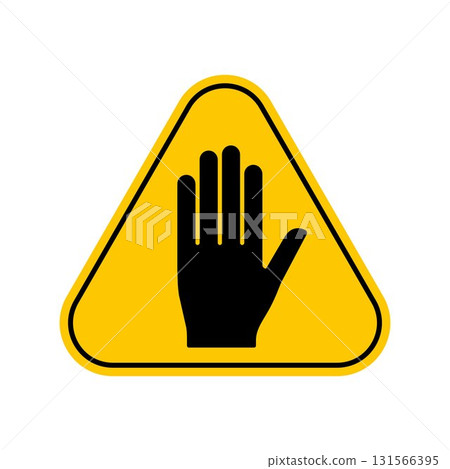 Hand stop warning sign, blocking hazard sign, Yellow Triangle Caution Symbol, isolated on white background, vector icon 131566395
