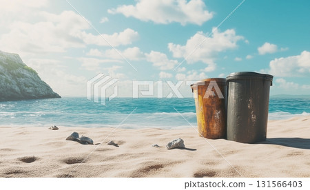 Two trash can on beach sand for cleaning area from inorganic waste 131566403
