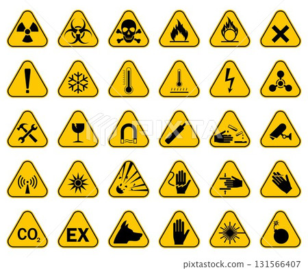 Set of hazard warning signs. Caution danger Symbol, vector illustration, isolated icon set. Set of hazard warning signs. Caution danger Symbol, vector illustration, isolated icon set. 131566407