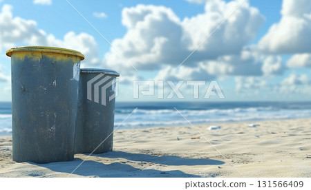 Two trash can on beach sand for cleaning area from inorganic waste with blue sky 131566409