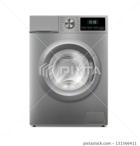 Washing machine isolated on white background. Front view, close-up. Realistic domestic electronic device. 3D household appliances for cleaning laundry at home. Vector modern housework equipment 131566411