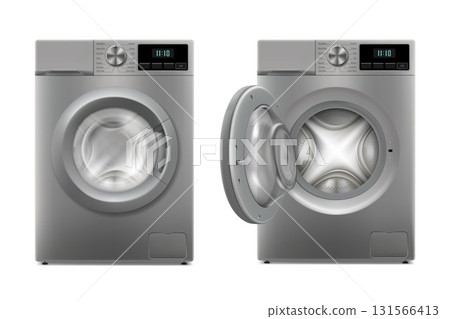 Modern washing machine with opened door and closed door, front view. Design Template of Wacher. Front View, Laundry Concept. 3D realistic vector ilusstration, isolated on white background 131566413