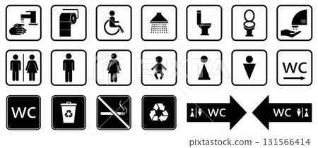 Different icons for restroom, Toilet, wc signs. Men, Woman, People with disability, Shower, Child. Vector flat design 131566414