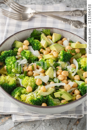 Broccoli, chickpea, avocado salad, a healthy and filling snack, close-up, in a bowl. Vertical Broccoli, chickpea, avocado salad, a healthy and filling snack, close-up, in a bowl. Vertical 131566438