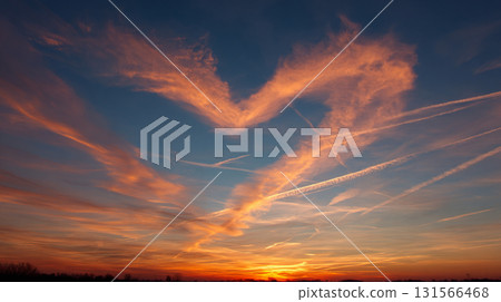 心形的尾跡漂浮在日落的天空中 131566468