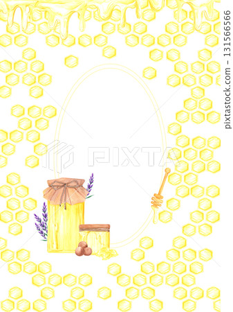 Golden honey comb with honey jar and lavender postcard frame border, hand drawn watercolor illustration isolated on white background. Can be used for cards, invitation and other printed products. 131566566
