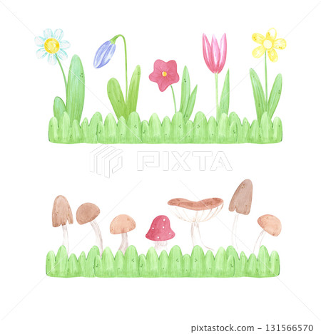 Hand drawn watercolor wild flowers and mushrooms. Illustration isolated on white background. Can be used for postcard, label, scrapbook and other printed products. 131566570