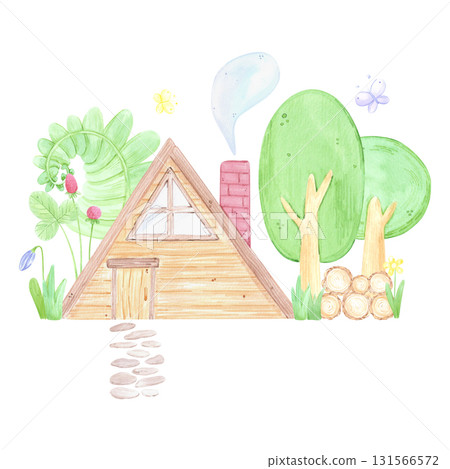 Hand drawn watercolor wooden house in the forest composition. Illustration isolated on white background. Can be used for postcard, label, scrapbook and other printed products. 131566572