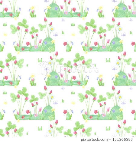 Hand drawn watercolor wild strawberry with green leaves and flowers seamless pattern. Illustration isolated on white background. Can be used for textile, fabric, scrapbook and other printed products. Hand drawn watercolor wild strawberry with green leaves and flowers seamless pattern. Illustration isolated on white background. Can be used for textile, fabric, scrapbook and other printed products. 131566593