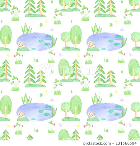 Hand drawn watercolor small trees and a pond seamless pattern. Illustration of forest isolated on white background. Can be used for textile, fabric, scrapbook and other printed products. Hand drawn watercolor small trees and a pond seamless pattern. Illustration of forest isolated on white background. Can be used for textile, fabric, scrapbook and other printed products. 131566594