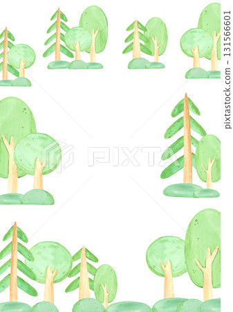 Hand drawn watercolor trees postcard frame border. Illustration of green forest isolated on white background. Can be used for postcard, label, scrapbook and other printed products. Hand drawn watercolor trees postcard frame border. Illustration of green forest isolated on white background. Can be used for postcard, label, scrapbook and other printed products. 131566601
