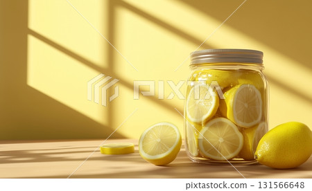 Lemon slice fruit with water on glass glass jar for fresh drink Lemon slice fruit with water on glass glass jar for fresh drink 131566648