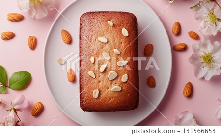 Almond nut pound cake on white plate for sweet snack with flower decoration 131566653